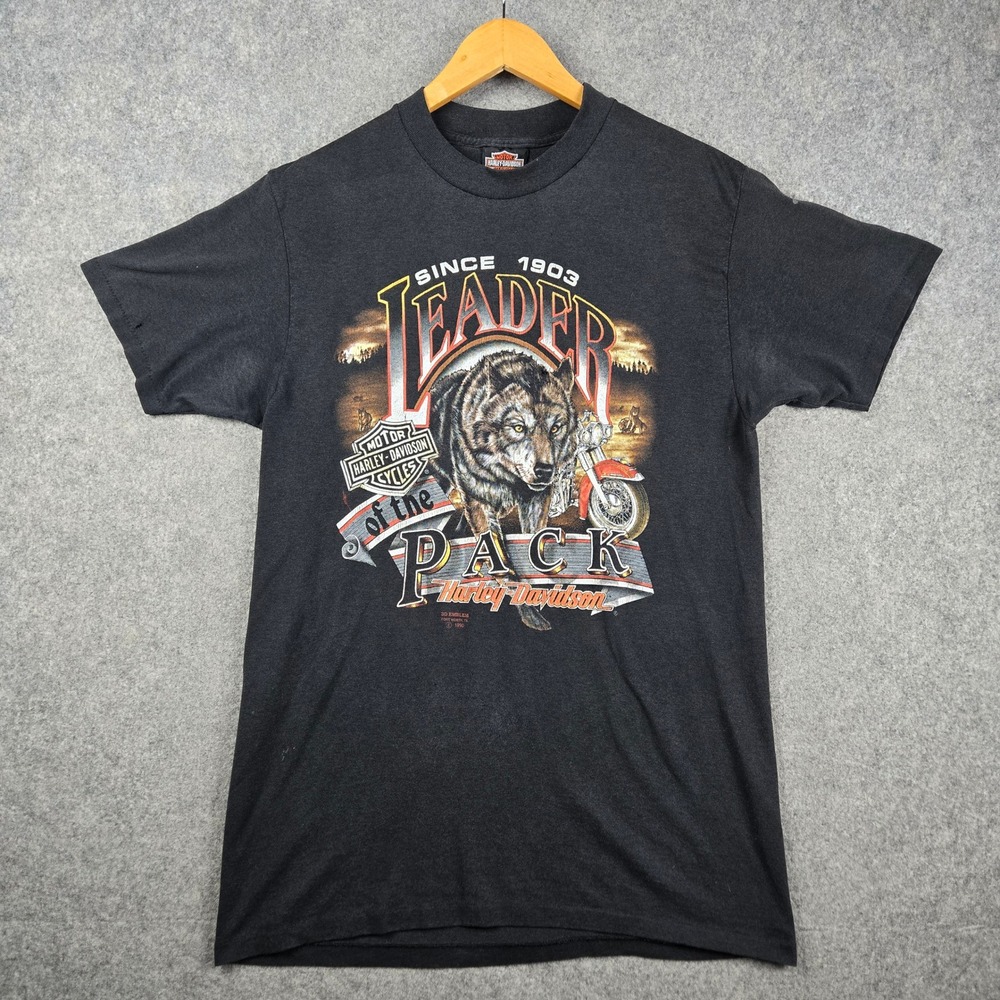 Vintage Harley Davidson T Shirt Mens L Black Leader of the Pack 3D Emblem 90s